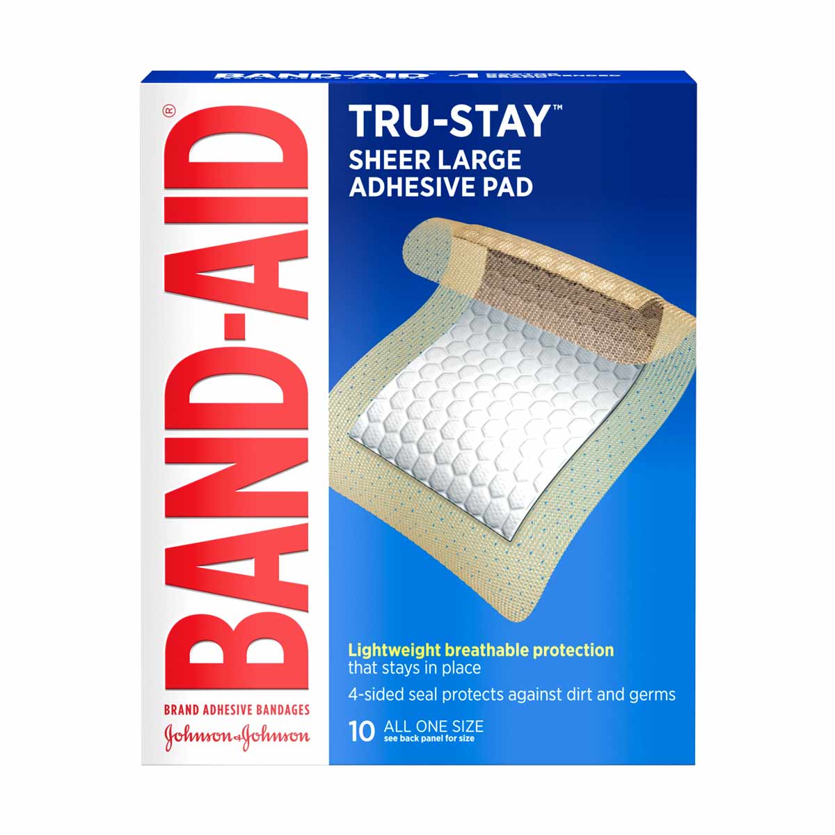 Band-Aid Brand Tru-Stay Adhesive Pads, Large Sterile Sheer Bandages for First Aid & Wound Care, Large Size, 10 ct
