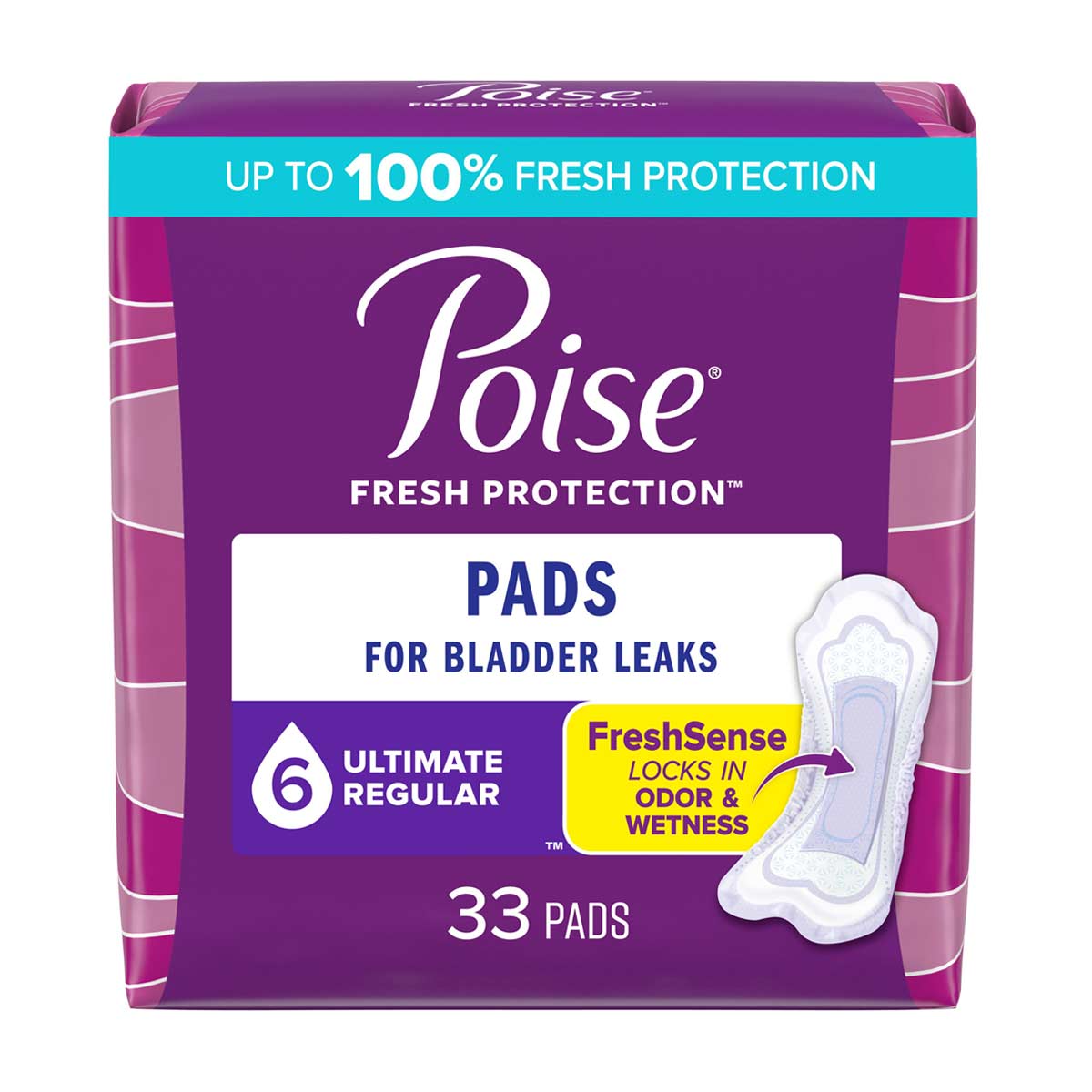 Poise Incontinence Pads & Postpartum Incontinence Pads, 6 Drop Ultimate Absorbency, Regular Length, 33 Count