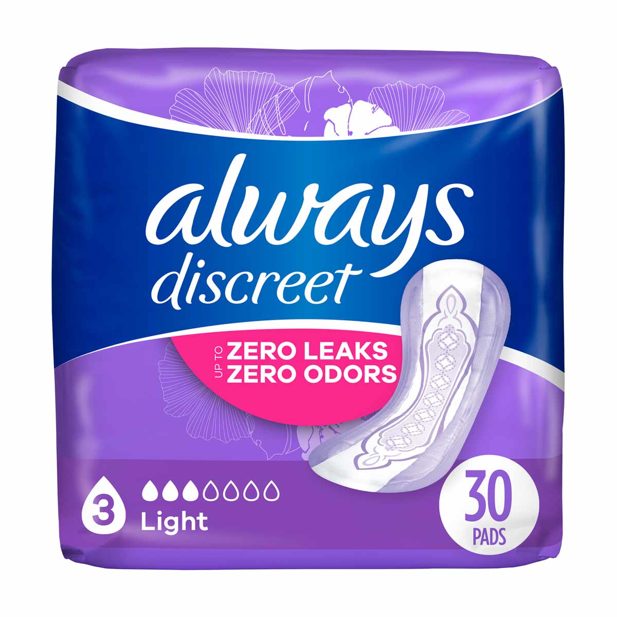 Always Discreet Incontinence Pads, 3 Light, 30 ct