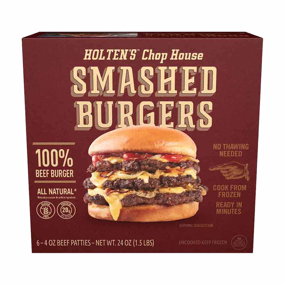 Holten's Chop House Smashed Burgers, 4 oz Beef Patties, 24