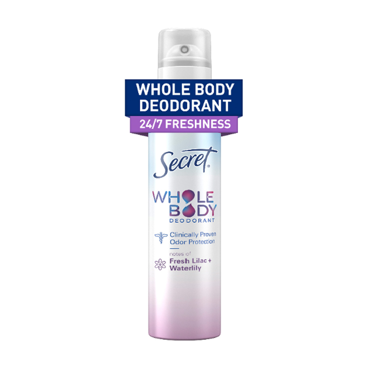 Secret Whole Body Aluminum Free Body Spray Deodorant for Women, Lilac & Waterlily - 3.5 oz
